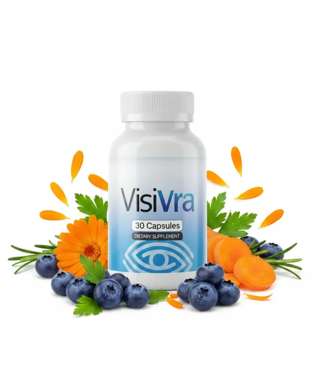 Visivra eye-health capsule bottle surrounded by lutein and zeaxanthin foods: blueberries, carrot and marigold