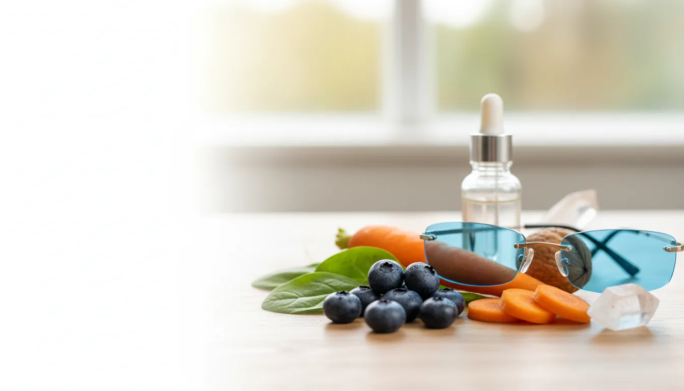 Lutein and zeaxanthin eye-health foods beside Visivra: blueberries, carrot and leafy greens