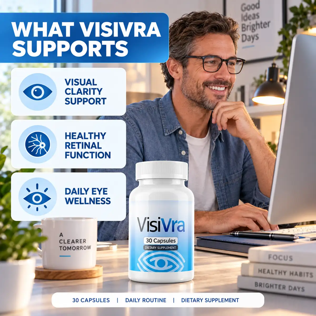 The vendor's WHAT VISIVRA SUPPORTS graphic: a man at a desk beside three labelled claims